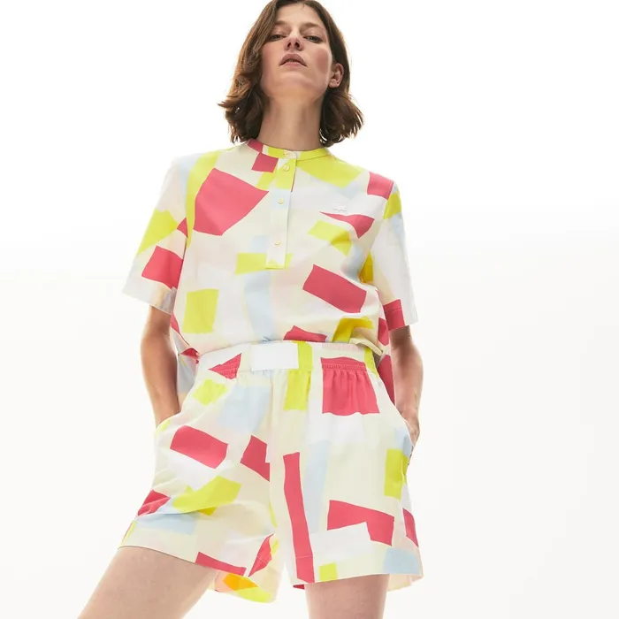 AbstractPrint Cotton Poplin Shorts YellowWhite Womens Lacoste Pants and Shorts Online AbstractPrint Cotton Poplin Shorts YellowWhite Womens Lacoste Pants and Shorts Online