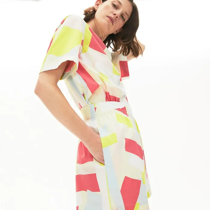 AbstractPrint Cotton Poplin Shorts YellowWhite Womens Lacoste Pants and Shorts Online