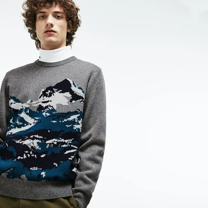 Crew Neck Alpine Print Wool And Cotton Jacquard Sweater GreyGreenBlueWhite Mens Lacoste Sweaters Shop Crew Neck Alpine Print Wool And Cotton Jacquard Sweater GreyGreenBlueWhite Mens Lacoste Sweaters Shop