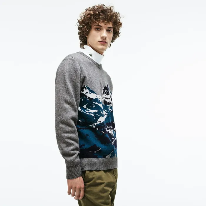 Crew Neck Alpine Print Wool And Cotton Jacquard Sweater GreyGreenBlueWhite Mens Lacoste Sweaters Shop