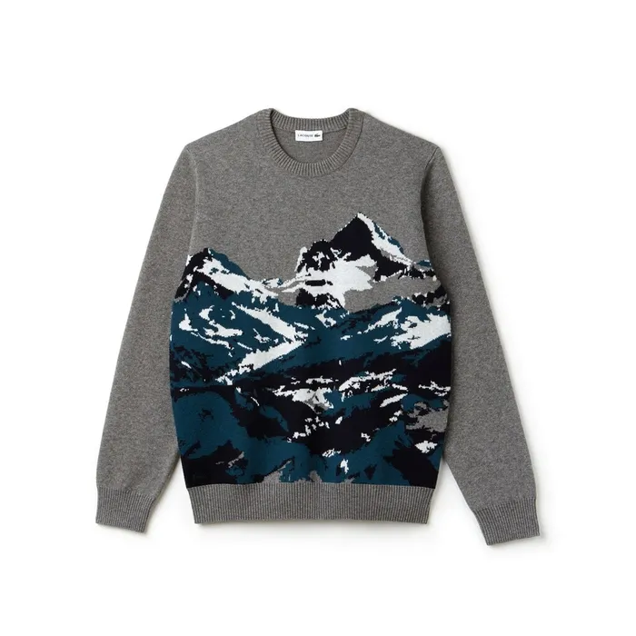 Crew Neck Alpine Print Wool And Cotton Jacquard Sweater GreyGreenBlueWhite Mens Lacoste Sweaters Shop