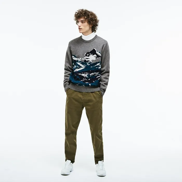 Crew Neck Alpine Print Wool And Cotton Jacquard Sweater GreyGreenBlueWhite Mens Lacoste Sweaters Shop