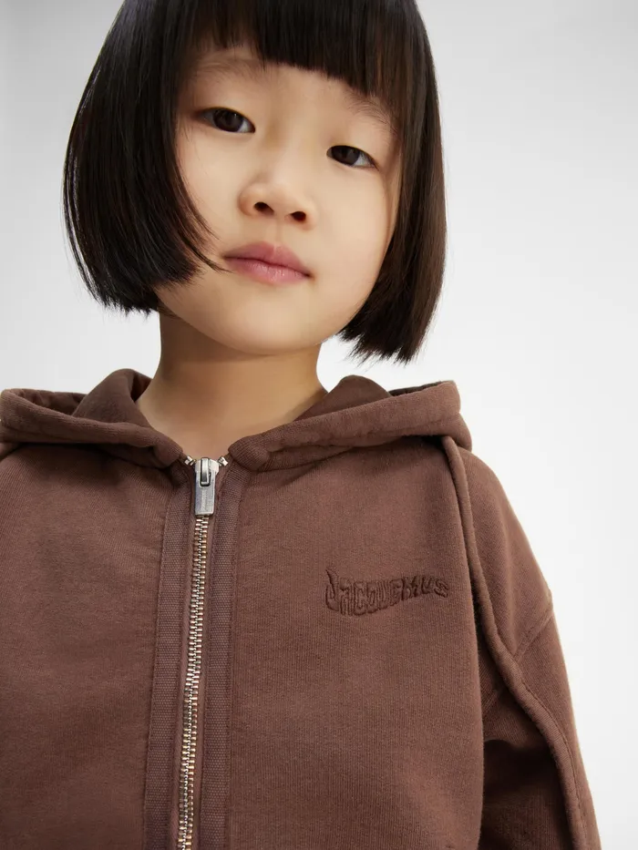 JACQUEMUS Tops ZipUp Hoodie With Wave Logo Dark Brown 8211 Kids