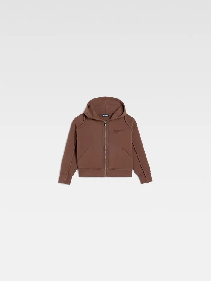 JACQUEMUS Tops ZipUp Hoodie With Wave Logo Dark Brown 8211 Kids