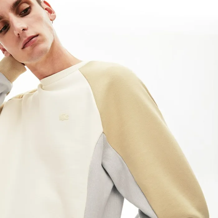 Motion Colorblock Crew Neck Sweatshirt WhiteGreyBeige Mens Lacoste Sweatshirts Cheap On Sale