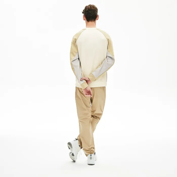 Motion Colorblock Crew Neck Sweatshirt WhiteGreyBeige Mens Lacoste Sweatshirts Cheap On Sale