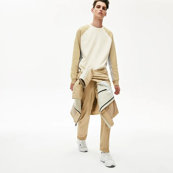 Motion Colorblock Crew Neck Sweatshirt WhiteGreyBeige Mens Lacoste Sweatshirts Cheap On Sale