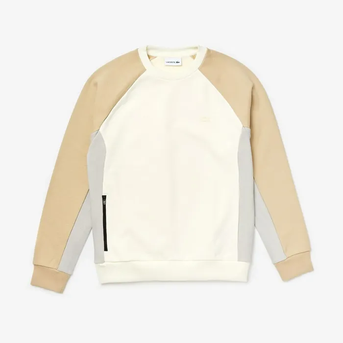 Motion Colorblock Crew Neck Sweatshirt WhiteGreyBeige Mens Lacoste Sweatshirts Cheap On Sale