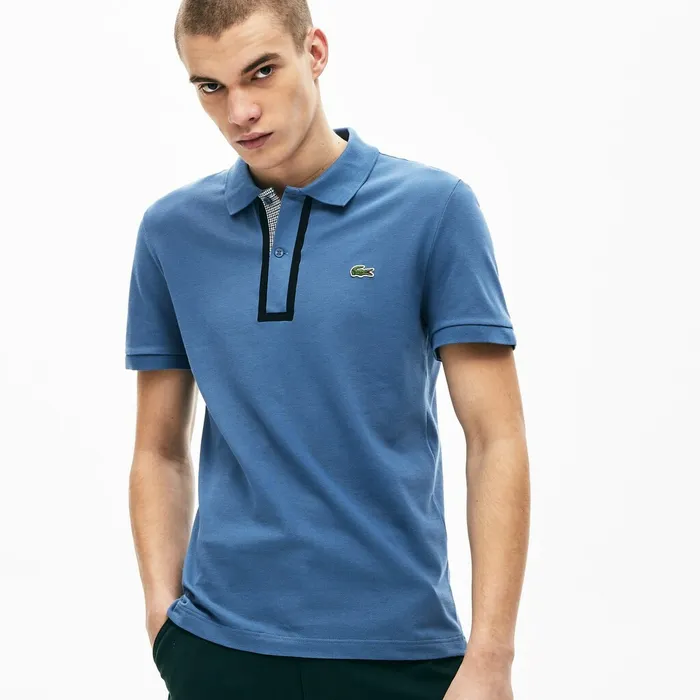 Slim Fit CheckeredPlacket Stretch Cotton Piqu Polo Blue Mens Lacoste Polos Shop Online