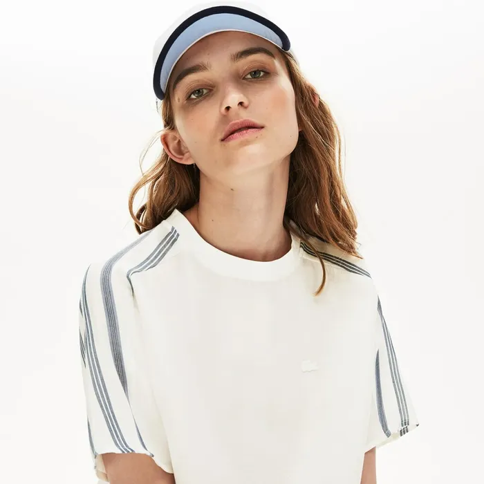 Striped Panel Lightweight Canvas Tshirt WhiteNavy BlueBlue Womens Lacoste Shirts and Tops USA Striped Panel Lightweight Canvas Tshirt WhiteNavy BlueBlue Womens Lacoste Shirts and Tops USA