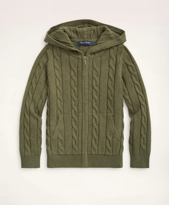 Sweaters Kids Brooks Brothers Boys Cotton Cable FrontZip Hoodie Medium Green