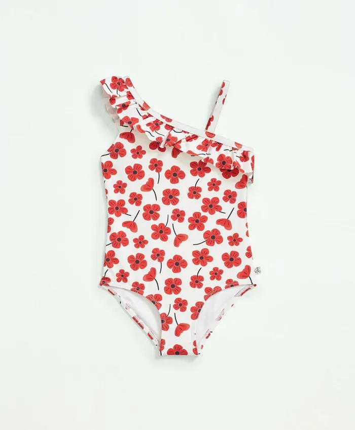 Swim Kids Brooks Brothers Girls Floral Ruffled Swimsuit Red