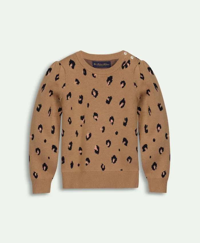 Tops Kids Brooks Brothers Girls Cotton Leopard Intarsia Crewneck Sweater Tan