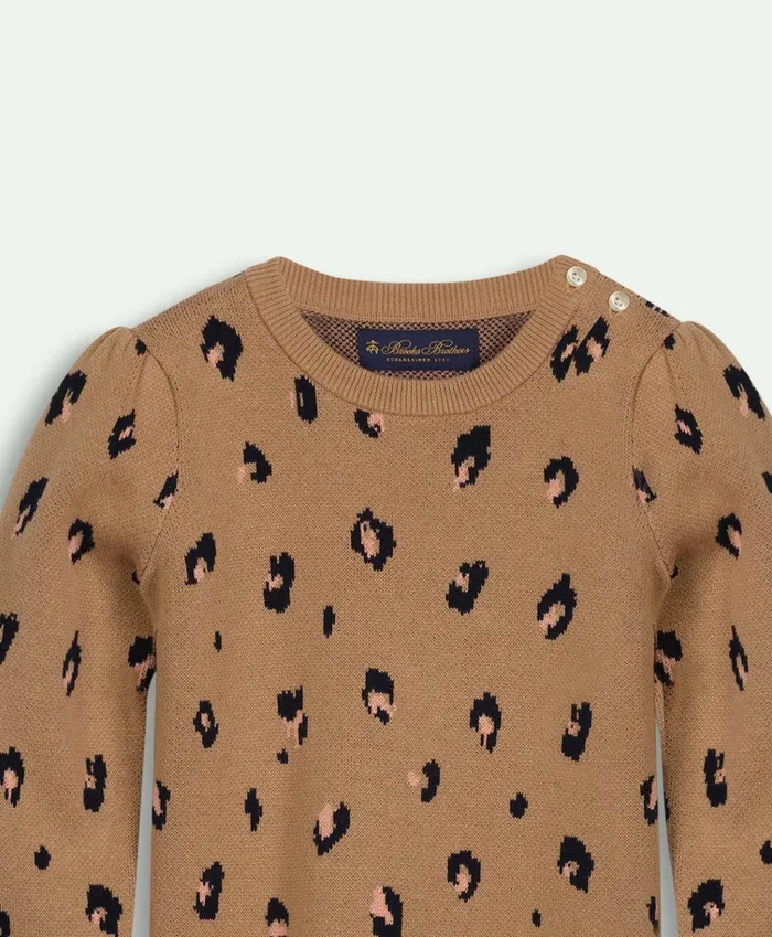 Tops Kids Brooks Brothers Girls Cotton Leopard Intarsia Crewneck Sweater Tan