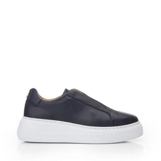 Alber Navy Leather Women Moda In Pelle Platform Trainers