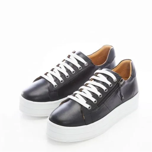 BGlazie Black Leather Women Moda In Pelle Platform Trainers