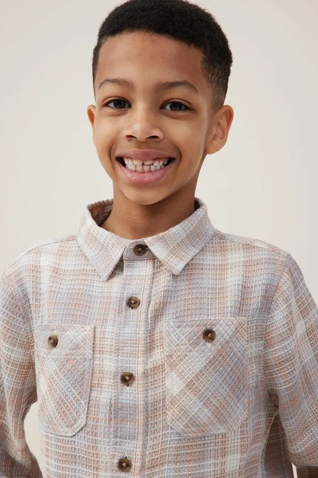 Boys 214 Shirts Cotton On Rugged Long Sleeve Shirt Rainy Daystaupy Brown Waffle Plaid