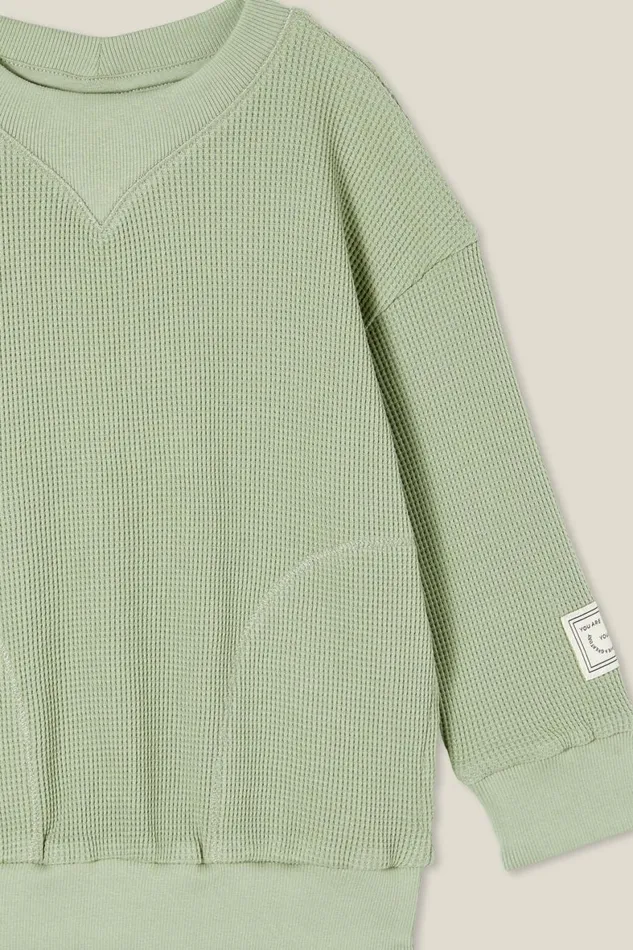 Boys 214 Sweatshirts and Sweatpants Cotton On Long Sleeve Waffle Pullover Deep Sage