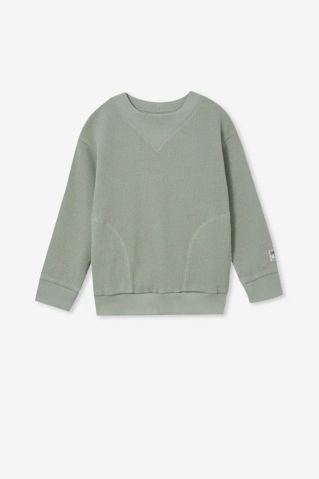 Boys 214 Sweatshirts and Sweatpants Cotton On Long Sleeve Waffle Pullover Deep Sage