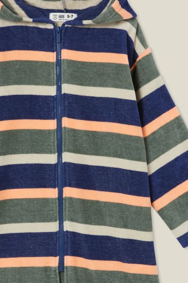 Boys 214 Swimwear Cotton On Zip Thru Hooded Towel In The Navymulti Stripe