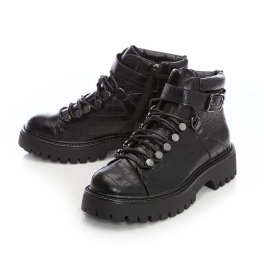 Bracken Black Patent Mocc Croc Women Moda In Pelle Chunky Boots Bracken Black Patent Mocc Croc Women Moda In Pelle Chunky Boots