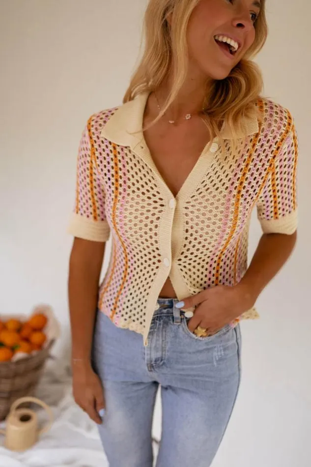 Easy Clothes Beige Crochet Lison Polo Shirt Women039s Clothing Shirts