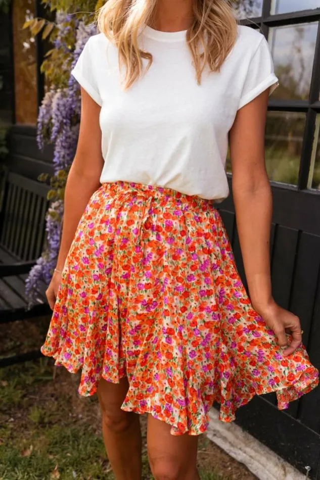 Easy Clothes Orange Floral Henley Skirt Women039s Clothing Skirts