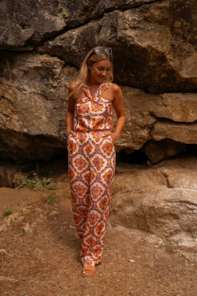 Easy Clothes Orange Patterned Roxane Jumpsuit Women039s Clothing Jumpsuits and Rompers
