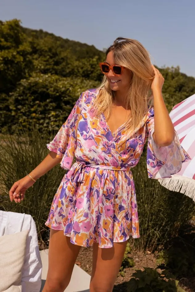 Easy Clothes Purple Floral Basma Romper Women039s Clothing Jumpsuits and Rompers
