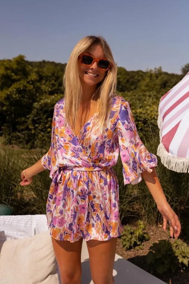 Easy Clothes Purple Floral Basma Romper Women039s Clothing Jumpsuits and Rompers