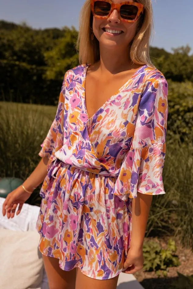 Easy Clothes Purple Floral Basma Romper Women039s Clothing Jumpsuits and Rompers