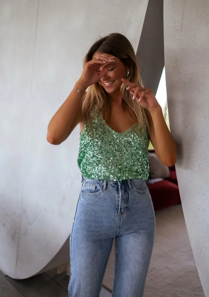 Easy Clothes Sea Green Malo Sequin Top Women039s Clothing Tops