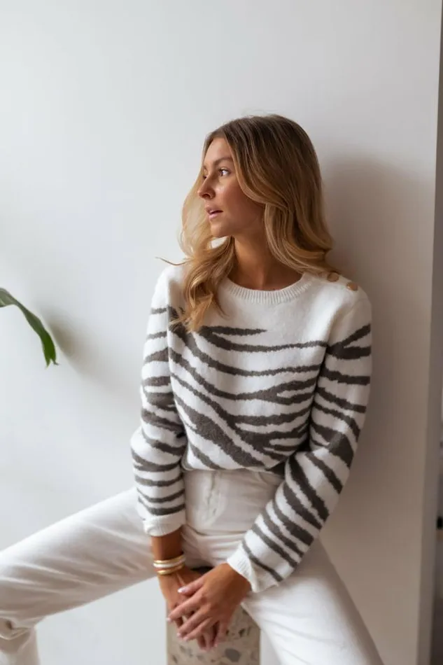 Easy Clothes White And Khaki Patterned Valley Sweater Women039s Clothing Sweaters