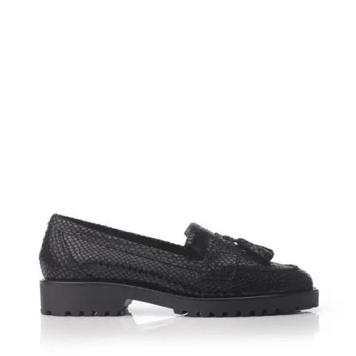 Eliona Black Snake Print Leather Women Moda In Pelle Brogues And Loafers