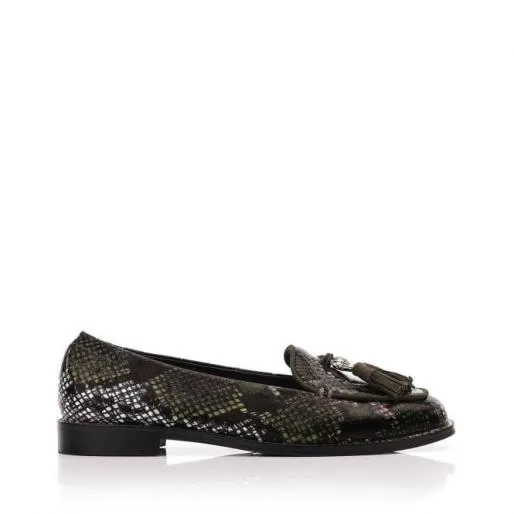 Emmarose Khaki Snake Print Leather Women Moda In Pelle Flat And Ballerina Shoes