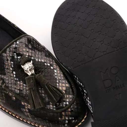 Emmarose Khaki Snake Print Leather Women Moda In Pelle Flat And Ballerina Shoes