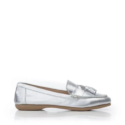Estina Silver Leather Women Moda In Pelle Flat And Ballerina Shoes