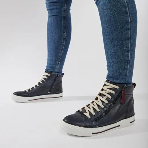Ferozi Navy Leather Women Moda In Pelle HighTop Trainers