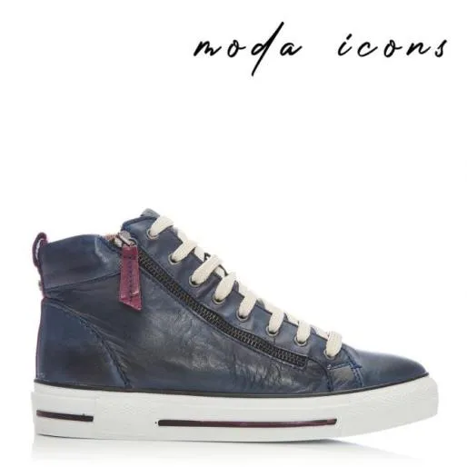 Ferozi Navy Leather Women Moda In Pelle HighTop Trainers