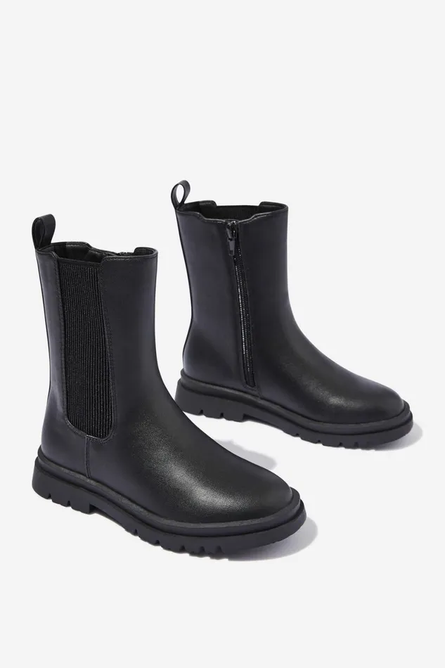 Girls 214Boys 214 Boots and Slippers Cotton On Combat Gusset Boot Black Smooth