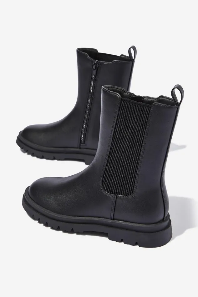 Girls 214Boys 214 Boots and Slippers Cotton On Combat Gusset Boot Black Smooth