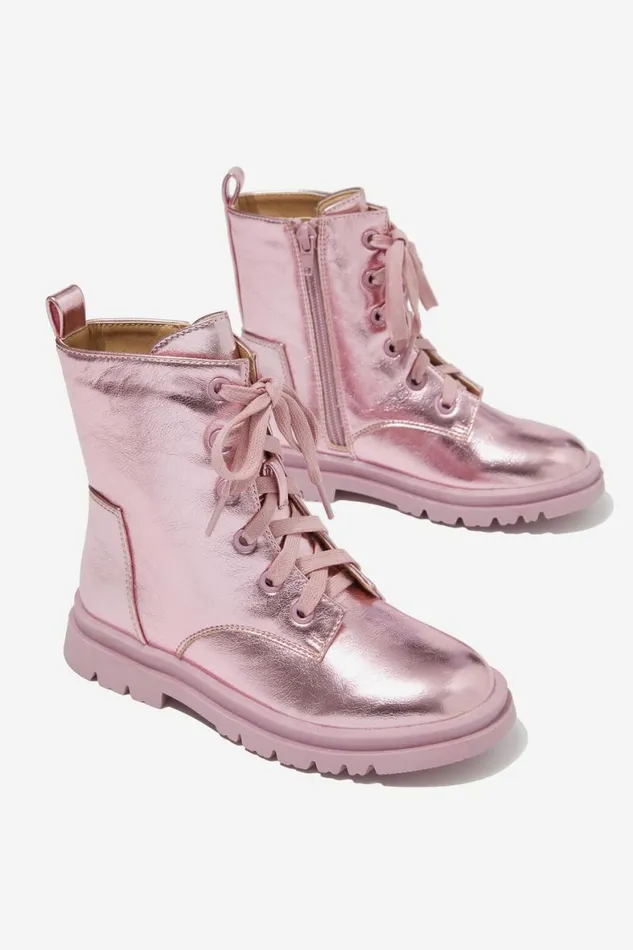 Girls 214Boys 214 Boots and Slippers Cotton On Combat Lug Boot Pink Holographic