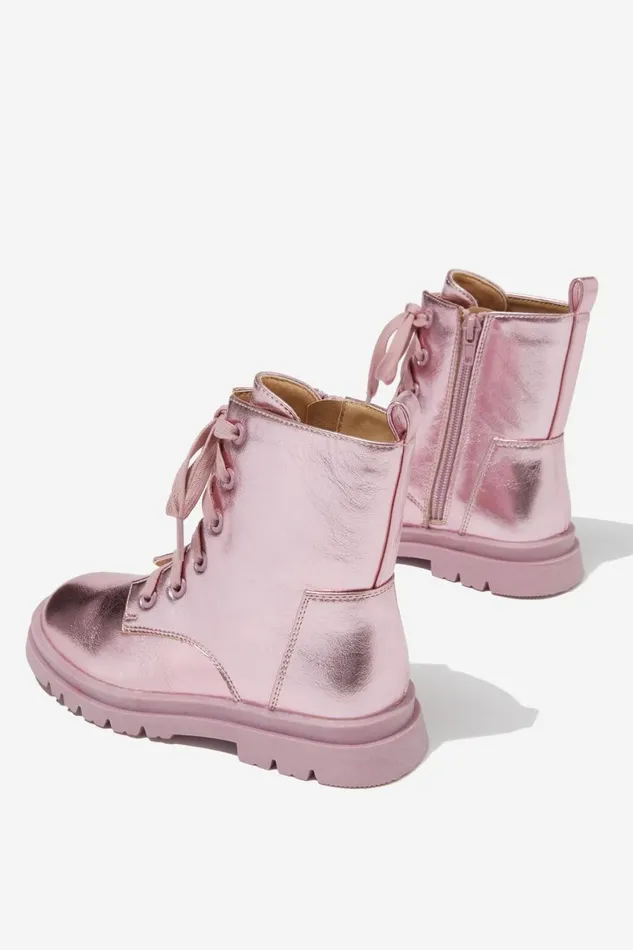 Girls 214Boys 214 Boots and Slippers Cotton On Combat Lug Boot Pink Holographic