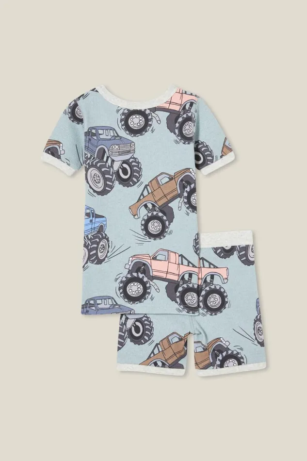 Girls 214Boys 214 Sleepwear Cotton On Tyler Short Sleeve Pyjama Set Stone Greenmonster Trucks