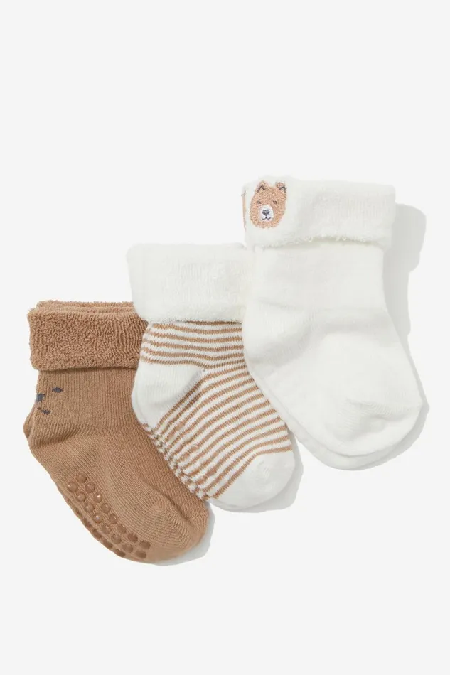 Girls 214Boys 214 Socks and Tights Cotton On 3Pk Terry Baby Socks Taupy Brown