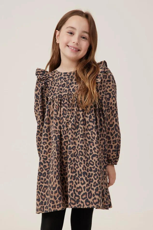 Girls 214 Dresses Cotton On Holly Long Sleeve Dress Taupy Brownmolly Leopard