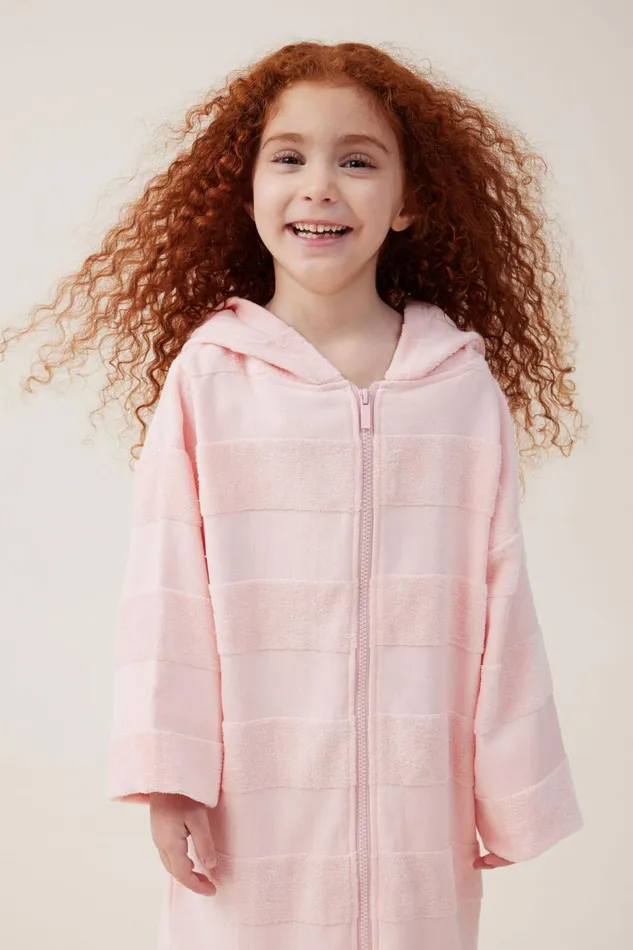 Girls 214 Swimwear Cotton On Zip Thru Hooded Towel Blush Pinkmulti Stripe