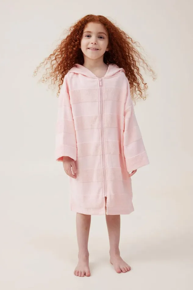 Girls 214 Swimwear Cotton On Zip Thru Hooded Towel Blush Pinkmulti Stripe