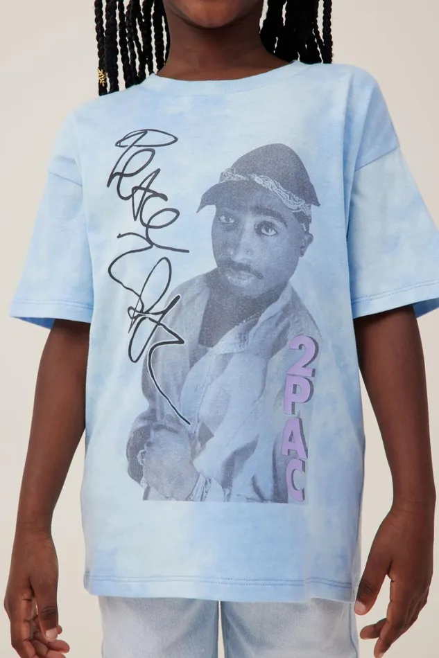 Girls 214 Tops and TShirts Cotton On License Drop Shoulder Short Sleeve Tee Lcn Bra 2pac Peacedusk Blue Tie Dye