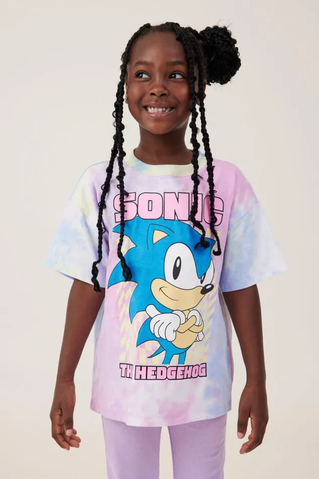 Girls 214 Tops and TShirts Cotton On License Drop Shoulder Short Sleeve Tee Lcn Seg Sonic The Hedgehogtie Dye